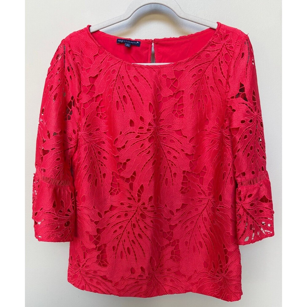 Talbots RSVP Pink Lace Leaf Overlay Blouse Top Lined Medium 3/4 Sleeve